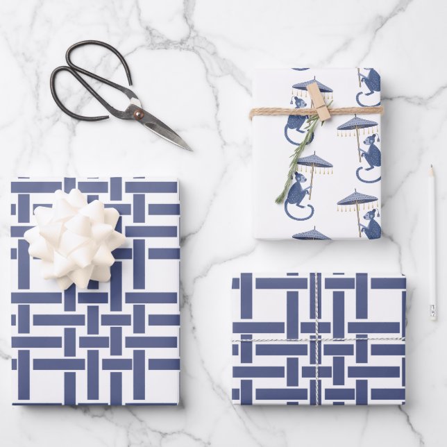 Chinoiserie Affen und Bamboo Geschenkblätter Geschenkpapier Set (Vorderseite)