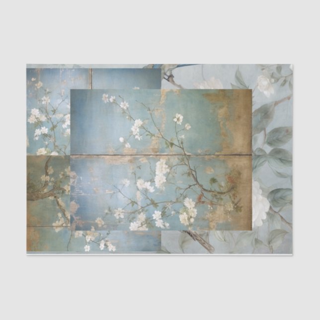 Chinoiserie Aged Blue Panel Collage Seidenpapier (Vorderseite)