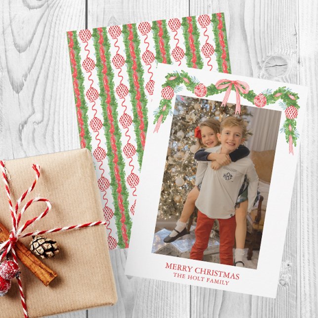 Chinoiserie Al Pentolino Feiertagskarte (Chinoiserie Christmas Red Ornaments Garland Photo Cards)