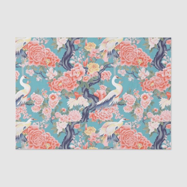 Chinoiserie Aquamarin Floral Egret Seidenpapier (Vorderseite)