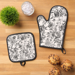Chinoiserie-Aquarell-Blumen-Botanik-Malerei Ofenhandschuh & Topflappen-Set