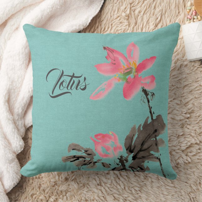 Chinoiserie Aquarellbilder Lotus Green Kissen (Decke)