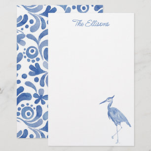 Chinoiserie Aquarelle Bleu Héron Oiseau papeterie