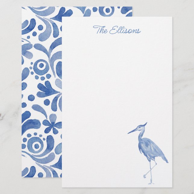 Chinoiserie Aquarelle Bleu Héron Oiseau papeterie (Devant / Derrière)