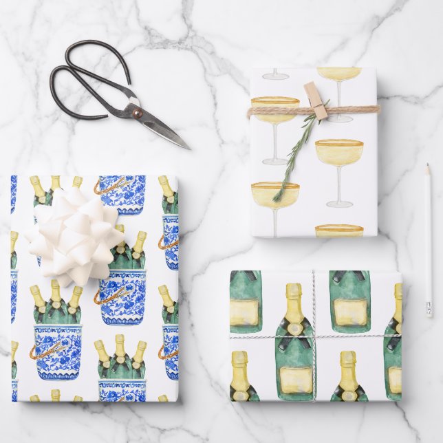 Chinoiserie Aquarelle Wine Bucket Wrapket Papier (Recto)