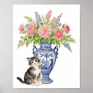 Chinoiserie Art Cat mit Vase bunt Blume Poster