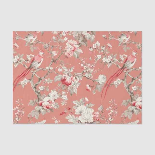 Chinoiserie Asian Bird Floral WhitePink Decoupage Seidenpapier (Vorderseite)
