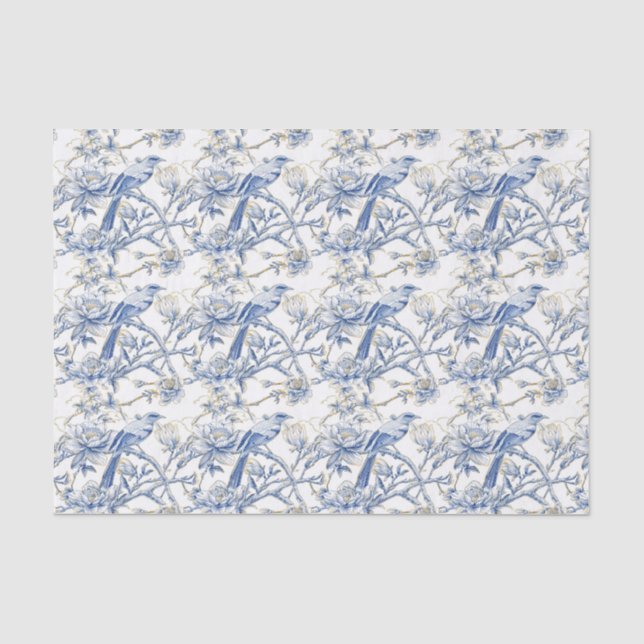 Chinoiserie Asian Bird White Blue Floral Entdeckun Seidenpapier (Vorderseite)