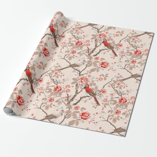 Chinoiserie Asian Red Birds Pink Blume Decoupage Geschenkpapier (Ungerollt)