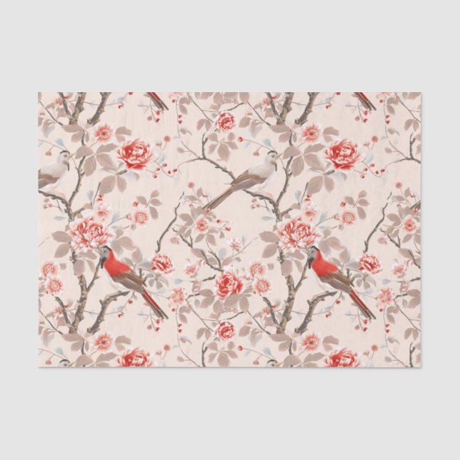 Chinoiserie Asian Red Birds Pink Blume Decoupage Seidenpapier (Vorderseite)