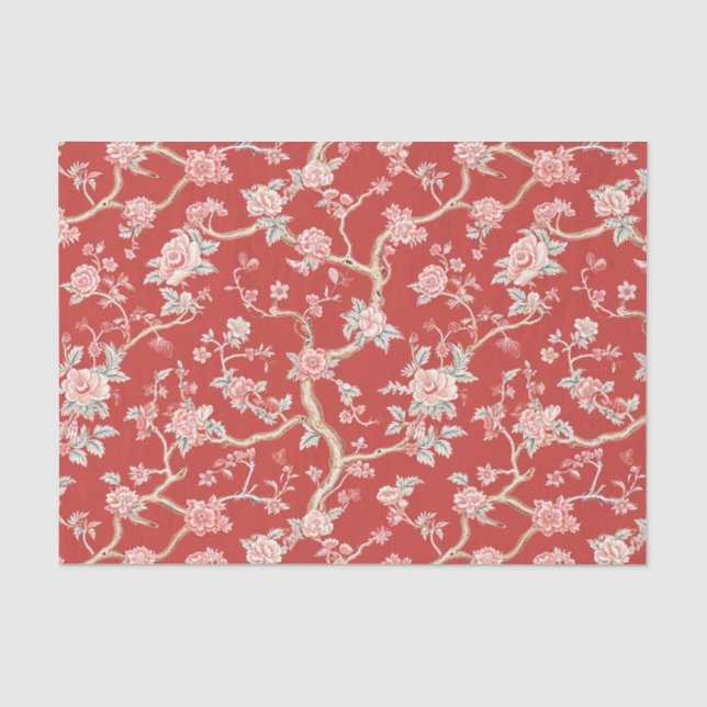 Chinoiserie Asian Red Pink Floral Decouver Seidenpapier (Vorderseite)