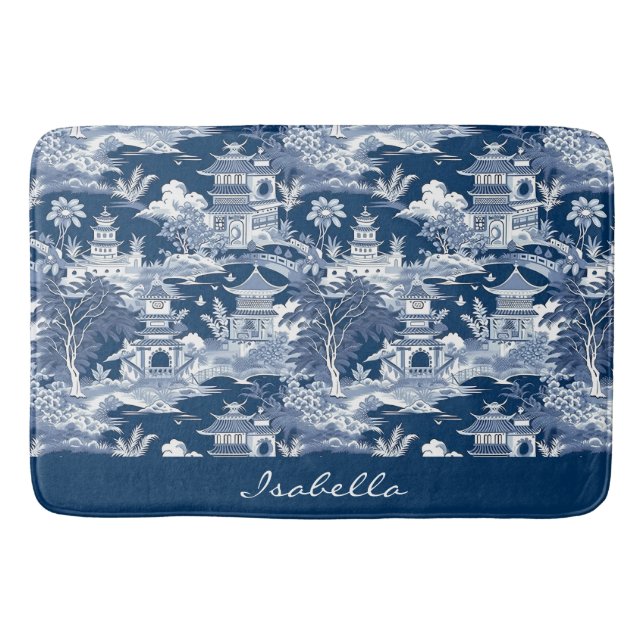 Chinoiserie Asiatische Landschaftsmalerei Blau Wei Badematte (Vorderseite)