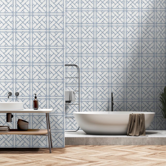 Chinoiserie Asiatischer Einfluss Blau und Weiß Tapete (Badezimmer)