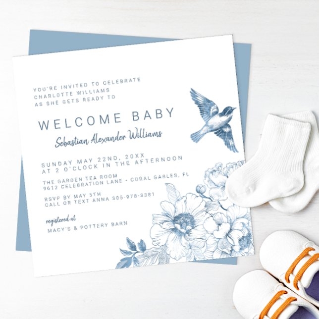 Chinoiserie Babydusche Einladung - Blauer Blume (Dusty Blue Baby Shower Invitation)