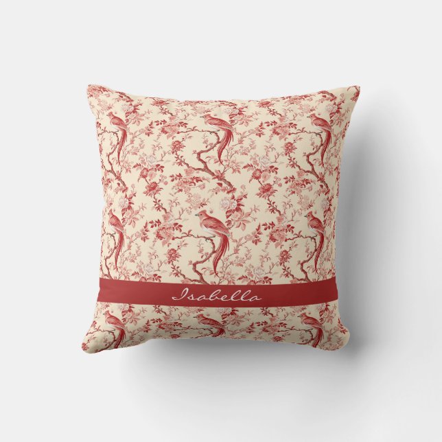Chinoiserie Bird Asian Floral Red Pink Kissen (Rückseite)