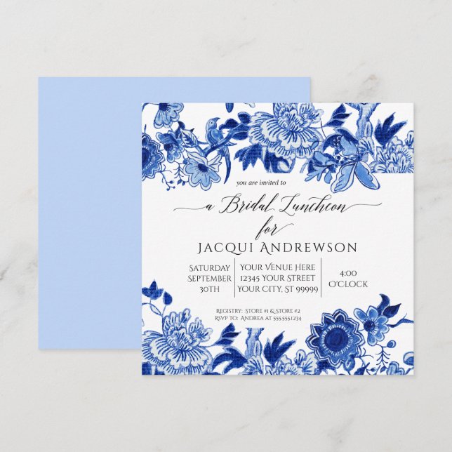 Chinoiserie Bird Blue White Floral Bridal Luncheon Einladung (Vorne/Hinten)