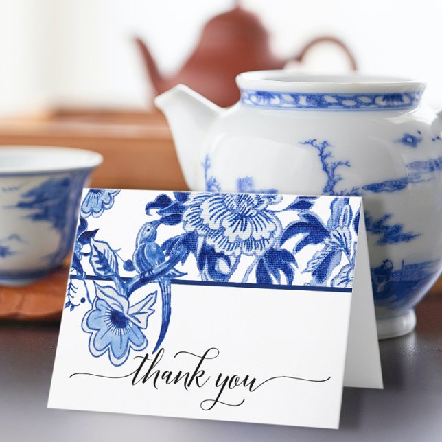 Chinoiserie Bird Floral Blau Weißes Brautparty Dankeskarte (Von Creator hochgeladen)