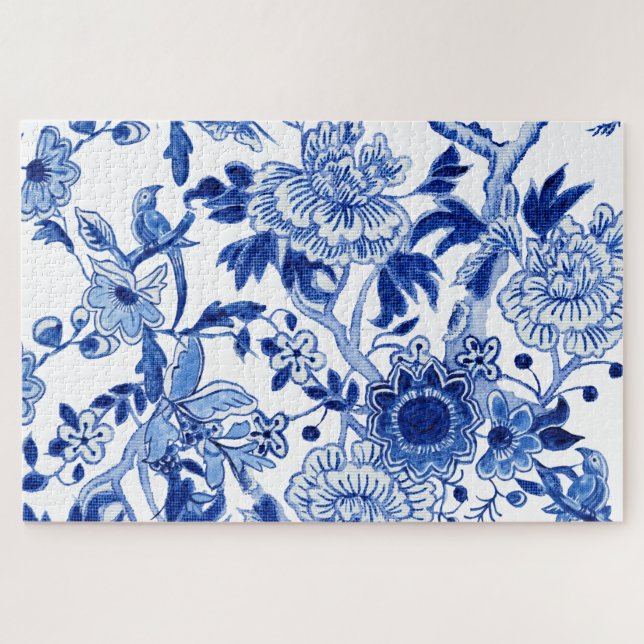 Chinoiserie Bird Floral Blue und White Tree Peony (Horizontal)