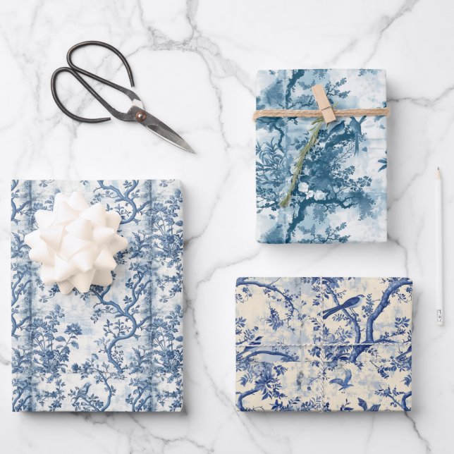 Chinoiserie Bird Haven in Blue Wrapping Paper Set Geschenkpapier Set (Vorderseite)