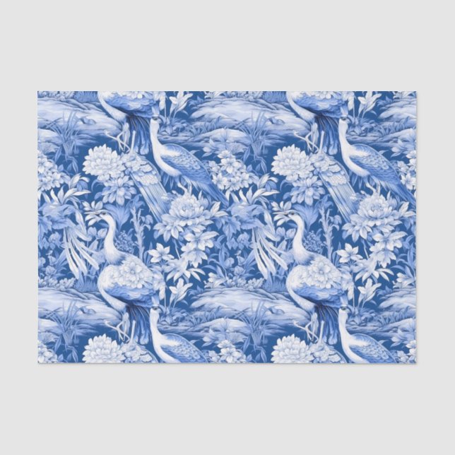 Chinoiserie Birds Blaues, weißes Gemälde Decoupage Seidenpapier (Vorderseite)