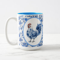 Chinoiserie Blau Blumenmuster mit Hahn  
