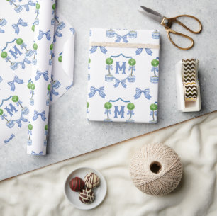 Chinoiserie Blau Topiary Monogram Wappen Geschenkpapier