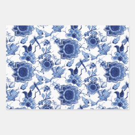 Chinoiserie Blau und Weiß Asiatische Dekoute Geschenkpapier Set