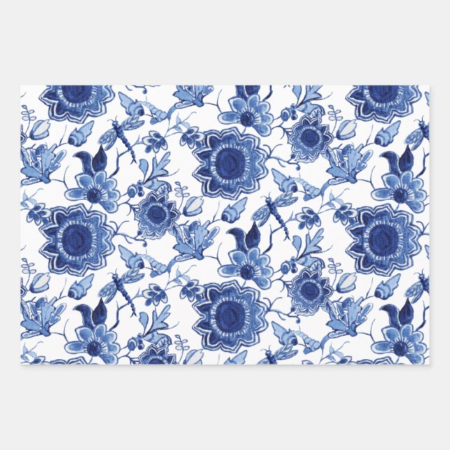 Chinoiserie Blau und Weiß Asiatische Dekoute Geschenkpapier Set (Vorderseite)