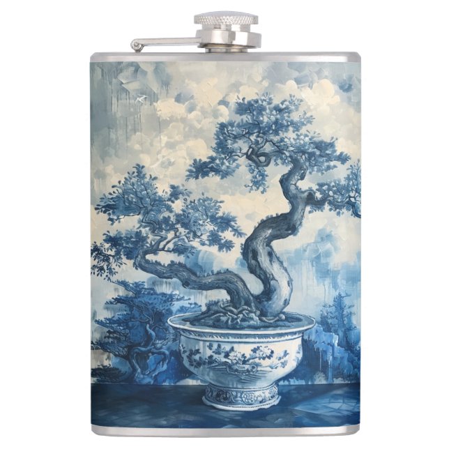Chinoiserie Blau und Weiß Porzellan Design Flachmann (Vorderseite)