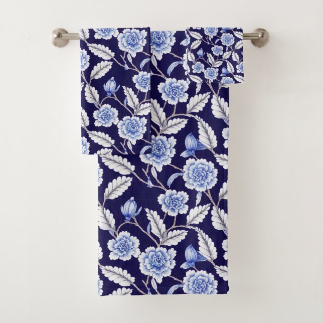 Chinoiserie Blau und Weiße Flora Hampton Willow Badhandtuch Set (Insitu)