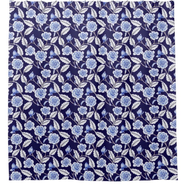 Chinoiserie Blau und Weiße Flora Hampton Willow Duschvorhang (Vorderseite)