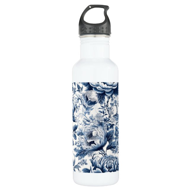 Chinoiserie Blau- und Weißspitzen Blume Edelstahlflasche (Vorderseite)