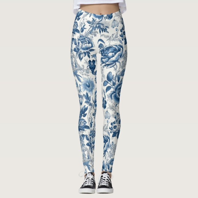 Chinoiserie Blau- und Weißspitzen Blume Leggings (Vorderseite)