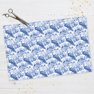 Chinoiserie Blau-Weiß-Blumen-Pfauen-Muster Seidenpapier