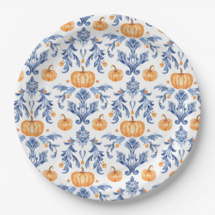 Chinoiserie Blau Weiß Orange Herbst Kürbisse Pappteller