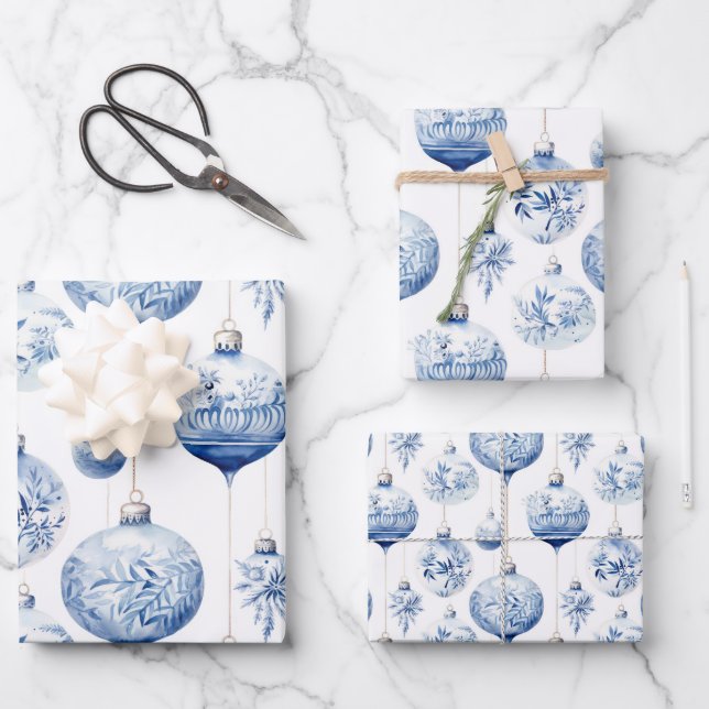 Chinoiserie Blau & Weiß Weihnachtsschmuck Geschenkpapier Set (Vorderseite)