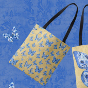 Chinoiserie Blau weiße Schmetterlinge auf Gold Tasche