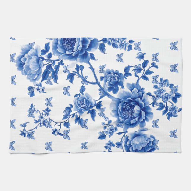 Chinoiserie Blau Weiße Schmetterlinge Rose Geschirrtuch (Horizontal)