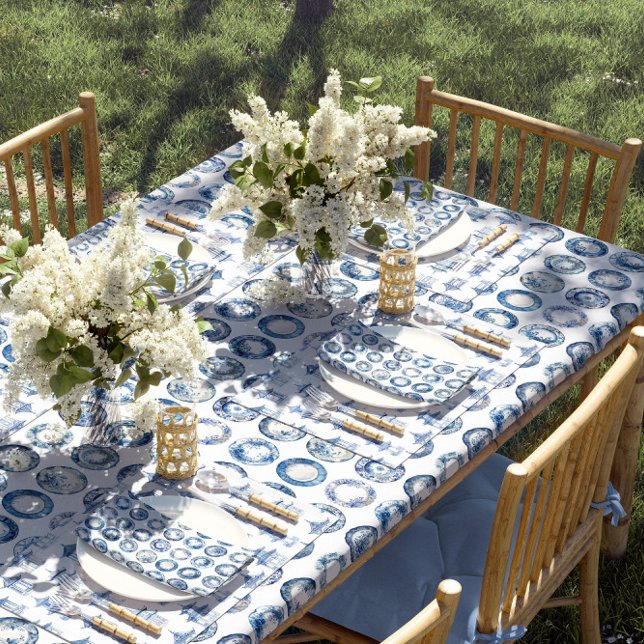 Chinoiserie Blau-Weiße Teller Tischdecke (Blue and white plates tablecloth)