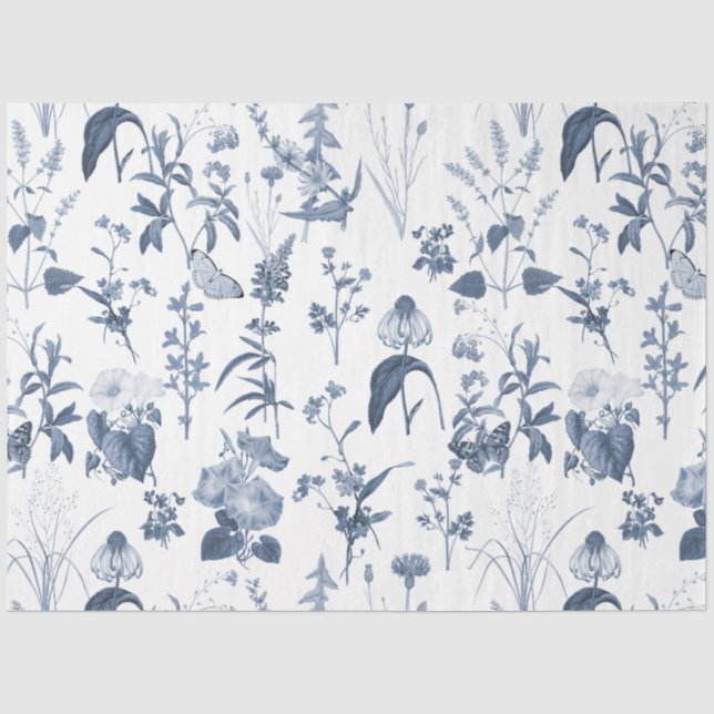 Chinoiserie Blau Weiße Wildblume Blumendekoupage Seidenpapier (Vorderseite)
