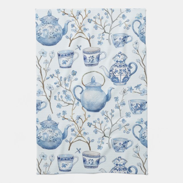 Chinoiserie Blaue Florale Hochzeitsdusche Geschirrtuch (Vertikal)