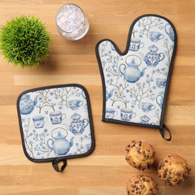 Chinoiserie Blaue Florale Hochzeitsdusche Ofenhandschuh & Topflappen-Set (Oben Unten)