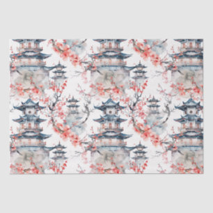 Chinoiserie Blaue Pagode Rosa Blüten Floral Seidenpapier