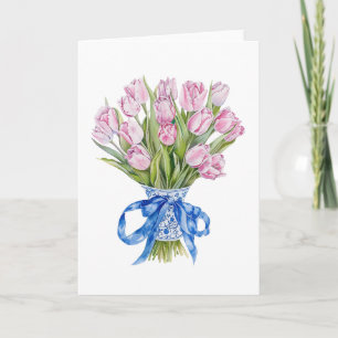 Chinoiserie Blaue Schleife Tulpen Blumen Leer Gruß Karte
