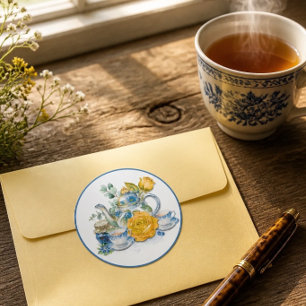 Chinoiserie Blaue und Weiße Teekanne Rosen Teepart Runder Aufkleber
