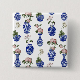 Chinoiserie blaue Vasen und Blumen Button