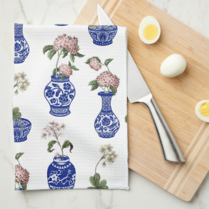 Chinoiserie blaue Vasen und Blumen Geschirrtuch