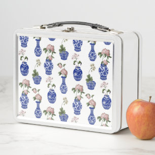 Chinoiserie blaue Vasen und Blumen Metall Brotdose