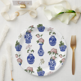 Chinoiserie blaue Vasen und Blumen Pappteller