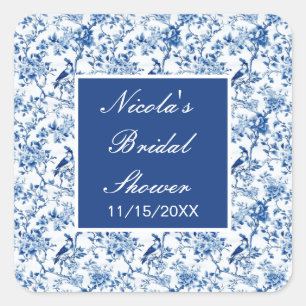 Chinoiserie Blaue Vögel und Blume Brautparty Quadratischer Aufkleber